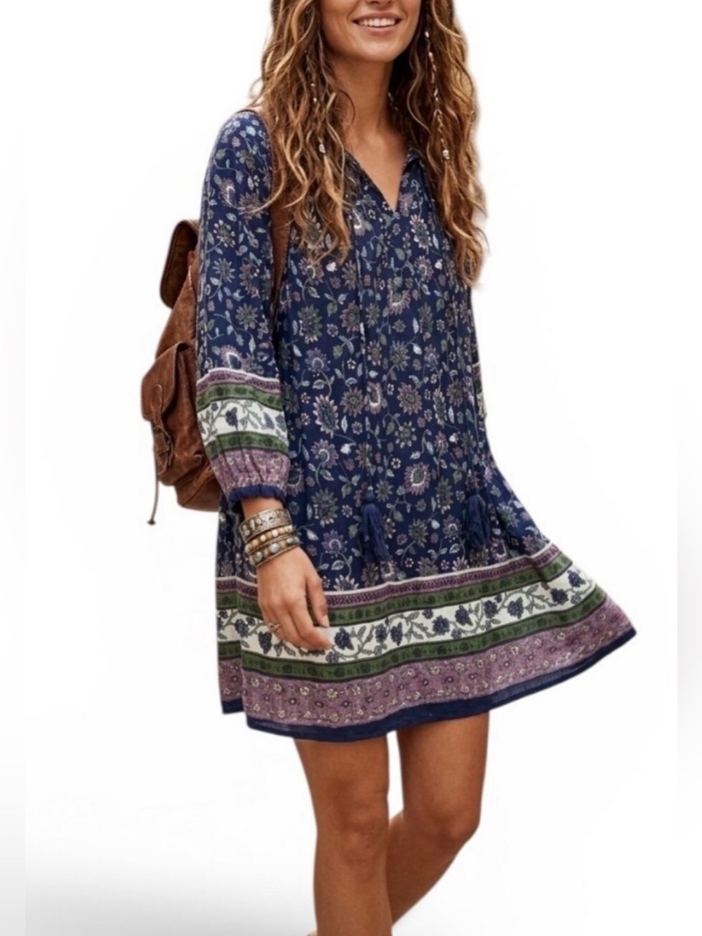 Natural Life Dara Tunic Mini Dress Long Sleeve Floral Boho Tassels Blue S